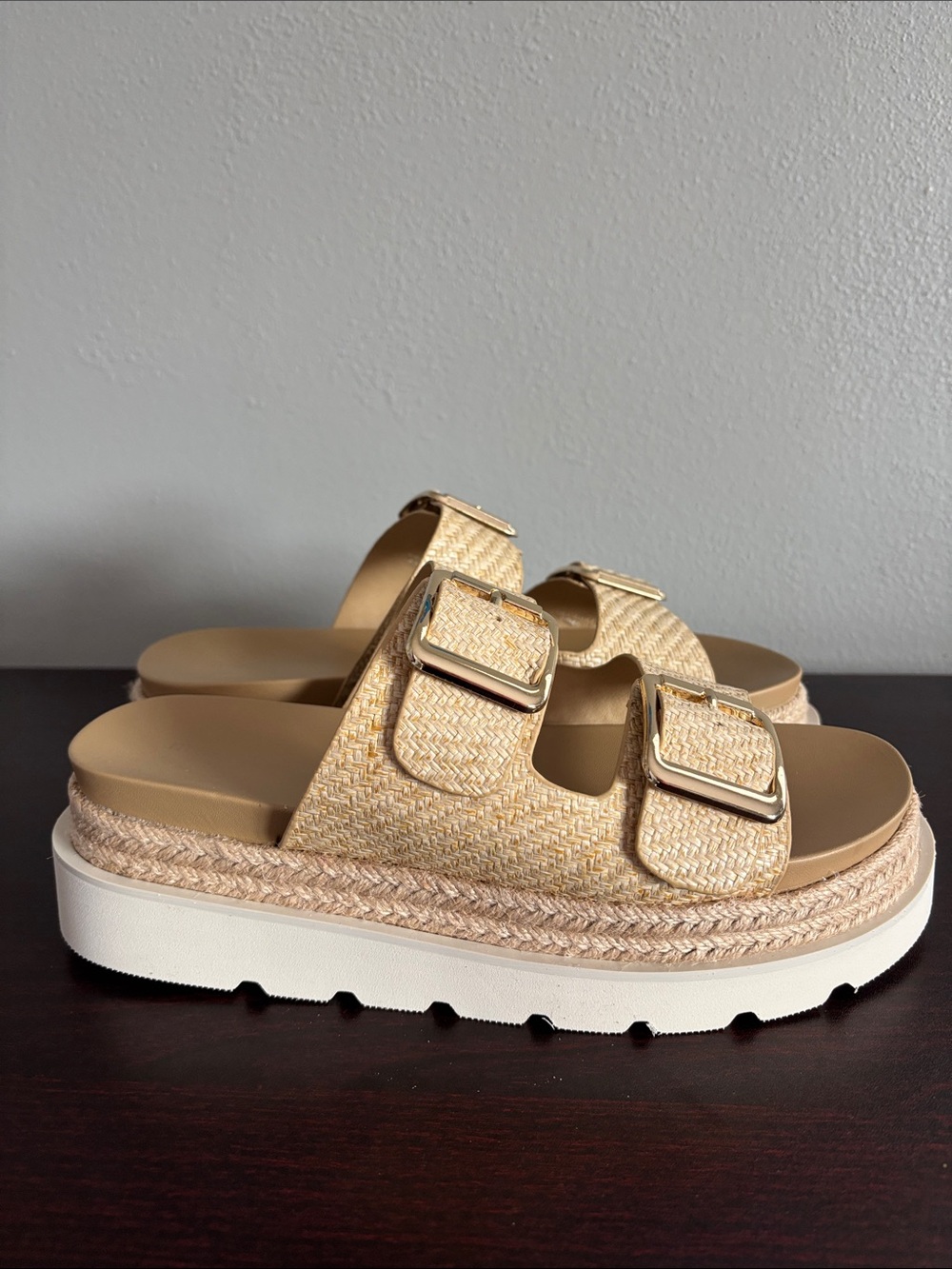 Madden Girl Natural Beige Woven Double-Buckle Platform Mules - Picture 11 of 12